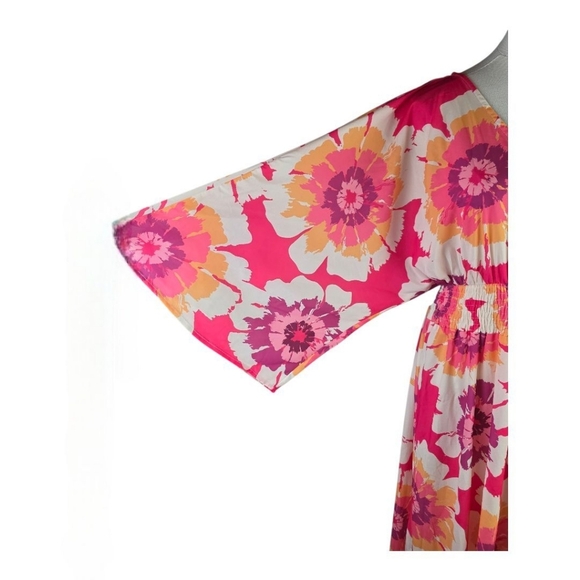 Flying Tomato Pink Floral Maxi Dress M Boho Kimono Sleeve Smocked Waist - Picture 9 of 12